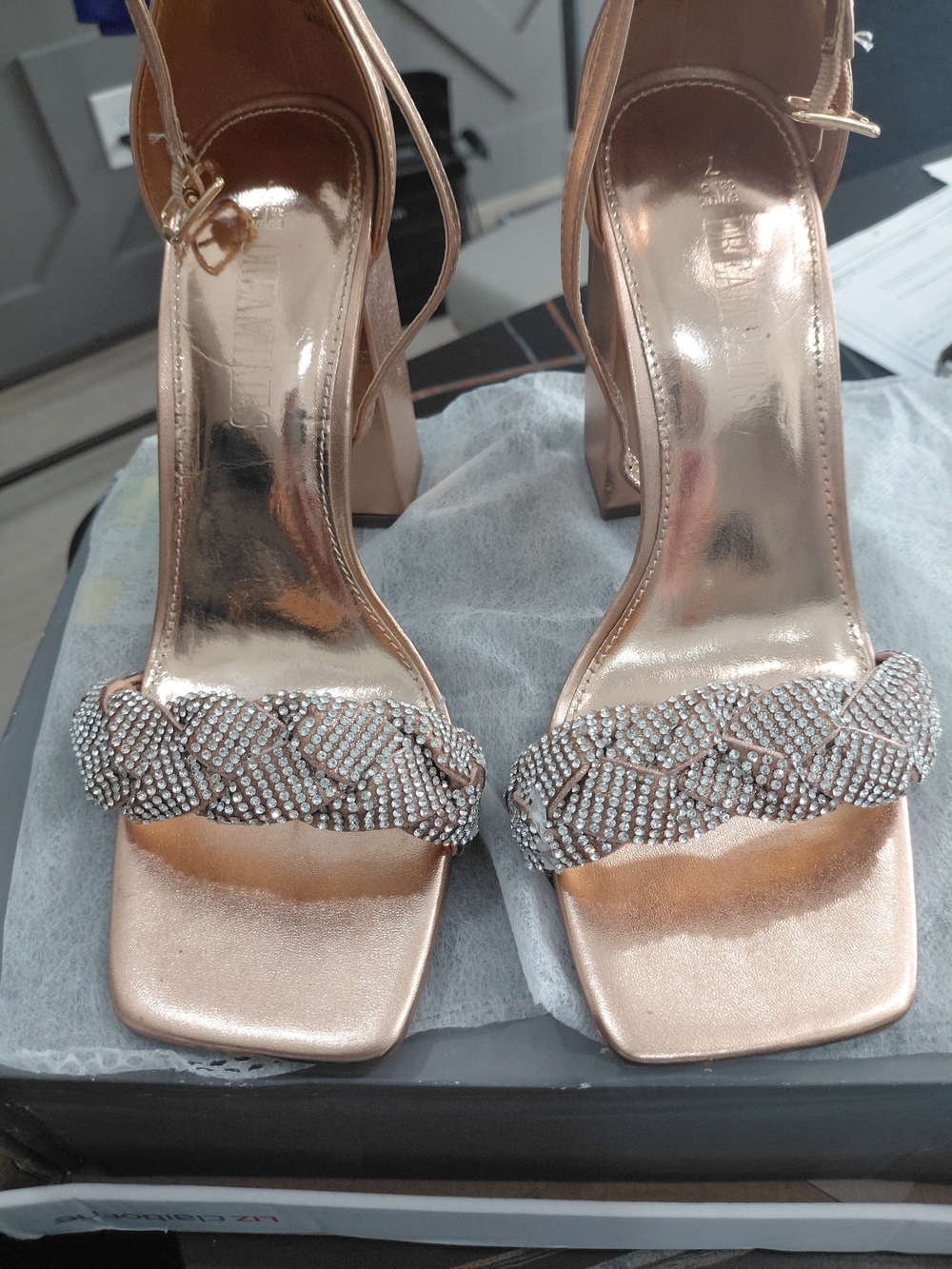 Dream Pairs Rose Gold Braided Rhinestone Strap Block Heel Sandals
